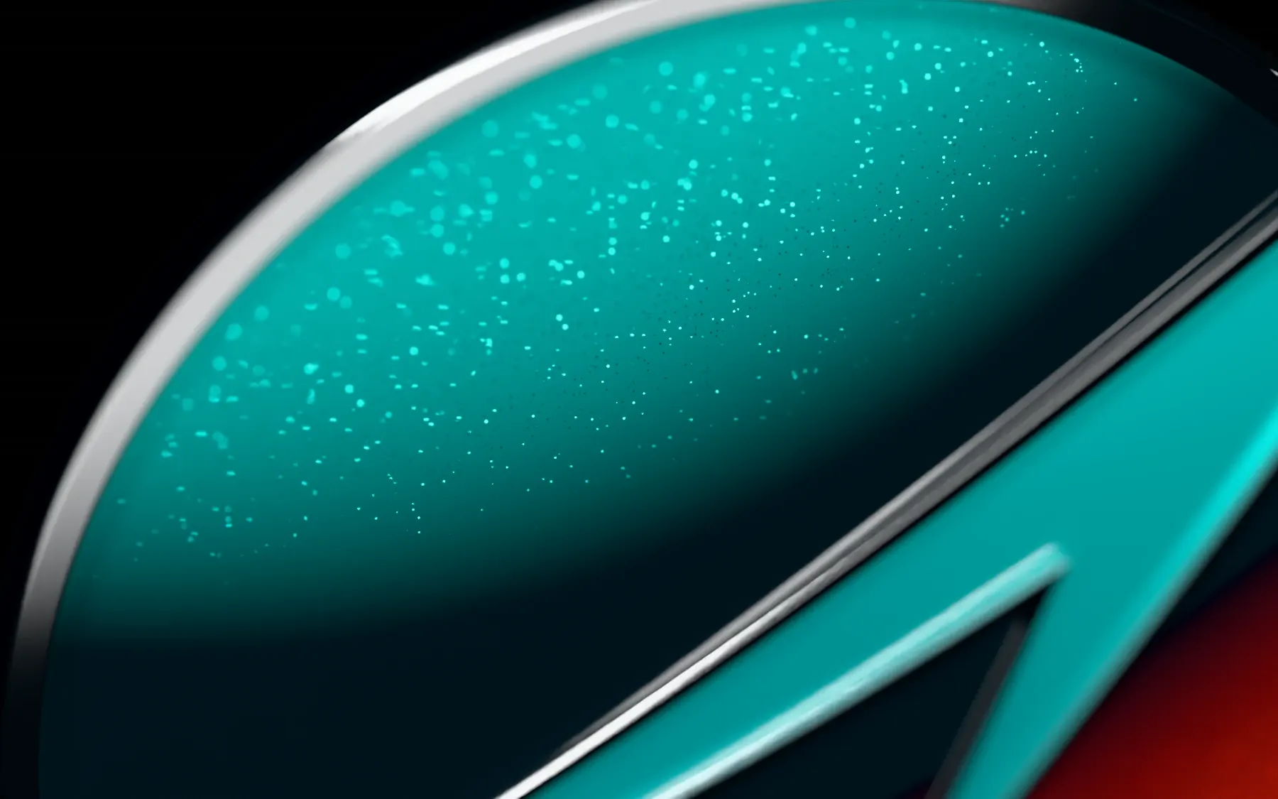 Teal cat-eye enamel glowing into ink, with fine teal glitter
